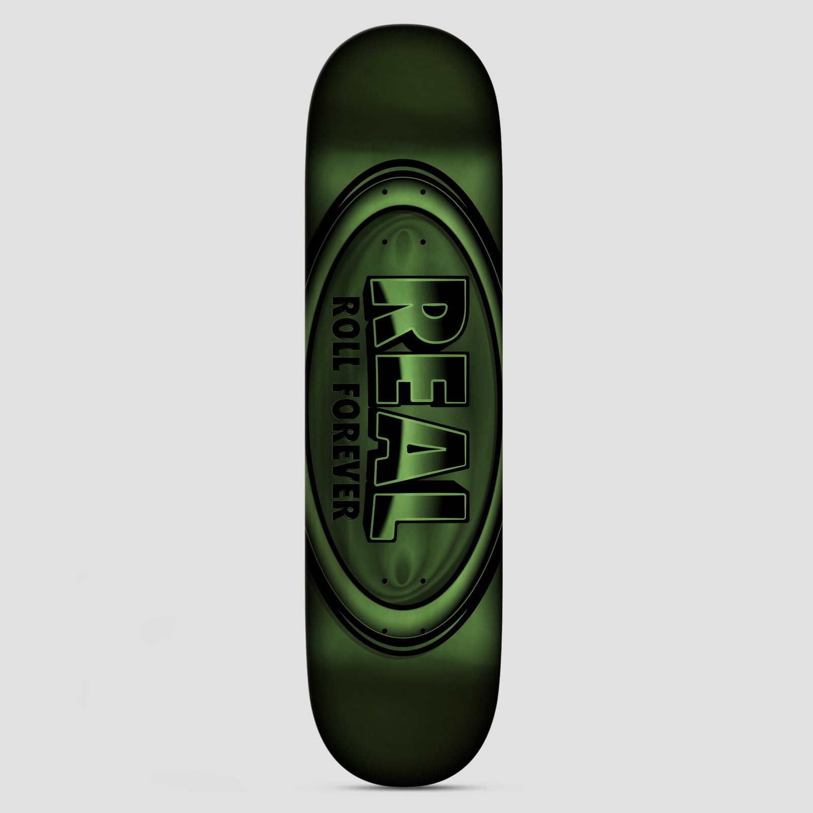 Real DBX Team Oval Full Green skateboard deck: Large glossy oval logo filling the deck with the word REAL and 'Roll Forever' beneath it in black outline lettering, on a dark metallic green foil-effect background.
