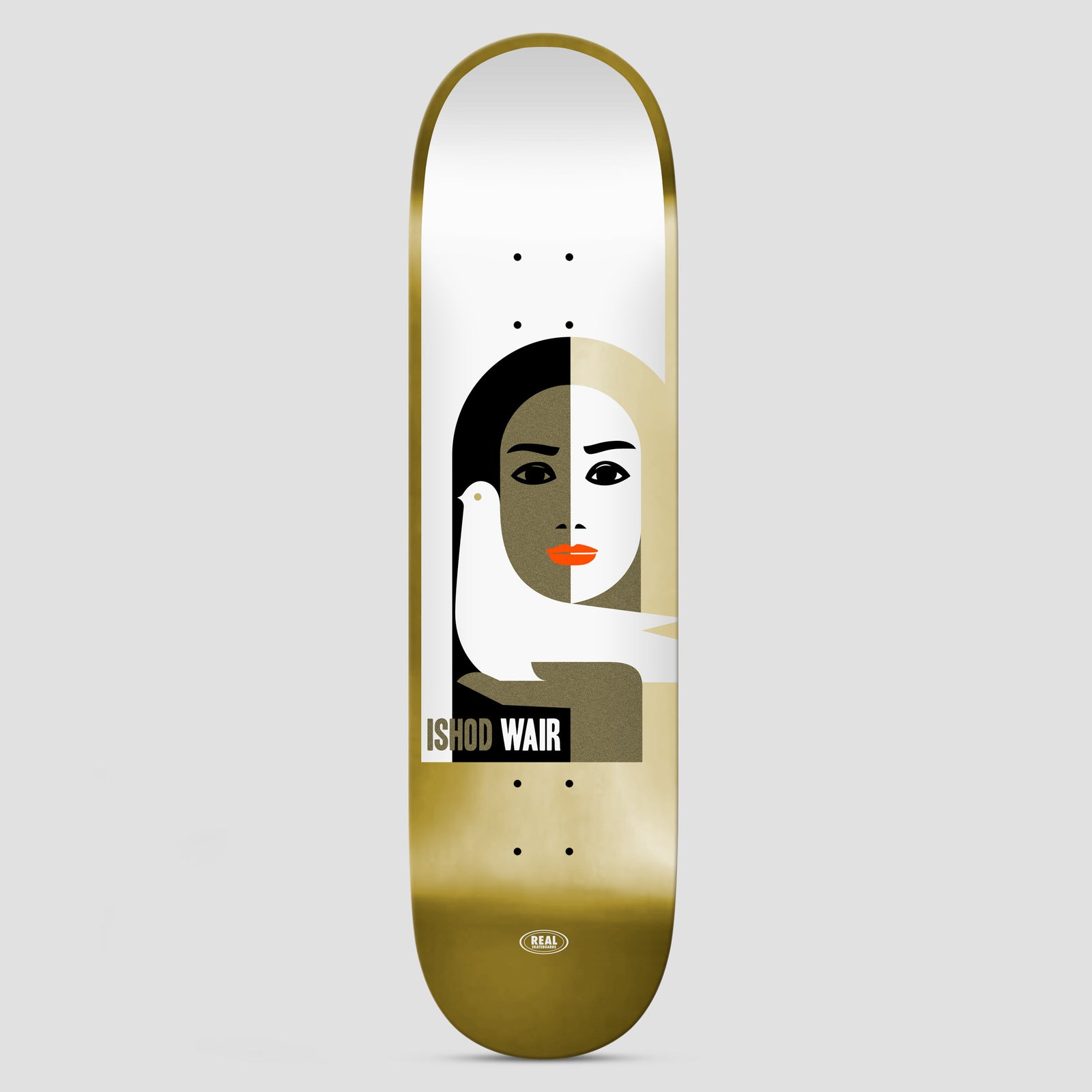 Real Ishod Peace Ltd Foil DBX Gold skateboard deck: Geometric portrait of a woman's face split into black and gold halves with orange lips and a white dove on her shoulder, over a white and gold foil deck. 'Ishod Wair' in lettering at the bottom.