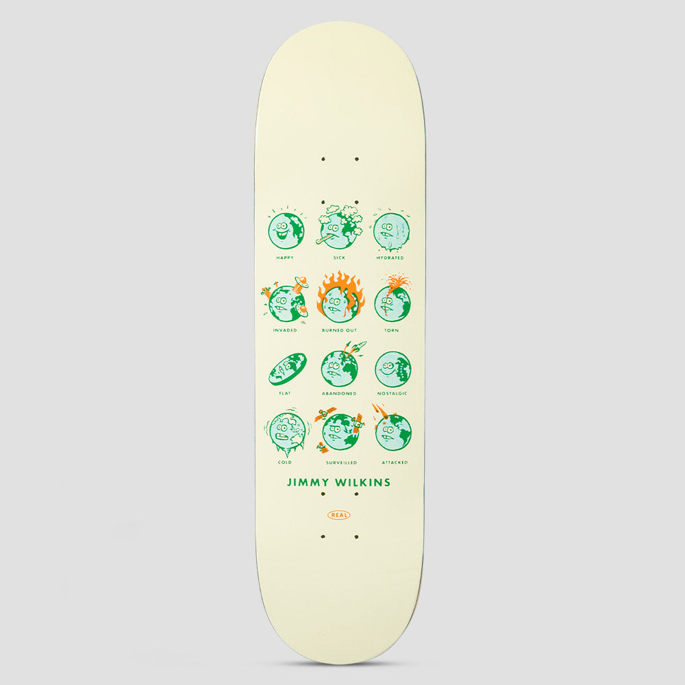 Real Jimmy How Are You Cream skateboard deck: A grid of twelve cartoon planet Earths, each with a different mood or ailment and captioned in small capitals, in green and orange line art on a cream deck. The rider's name and a small Real logo sit below.