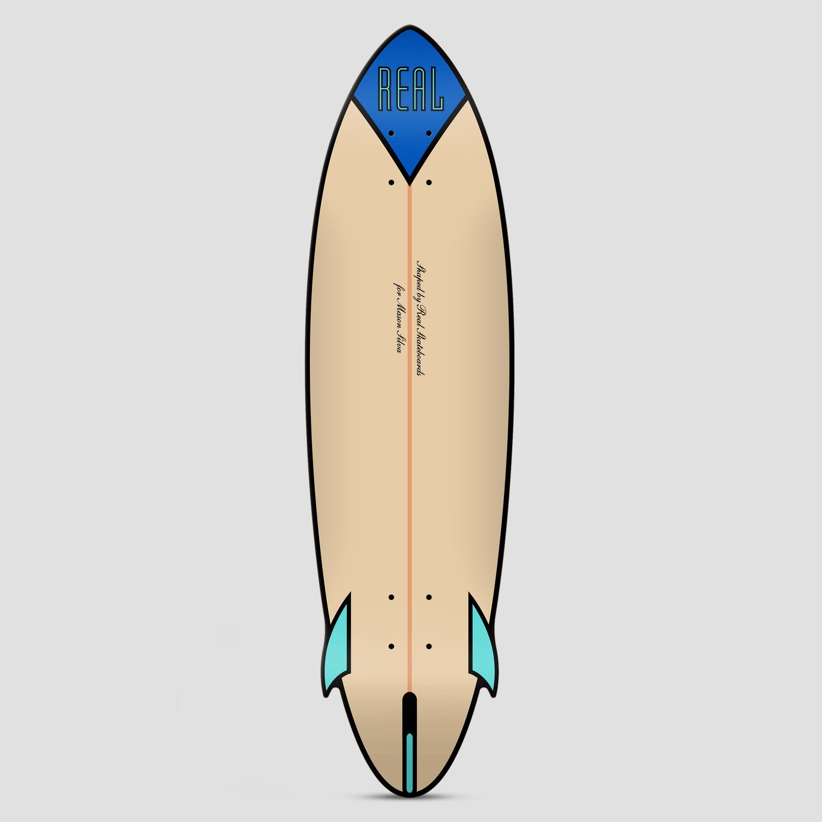 Real Mason Speed Egg Shaped skateboard deck: Surfboard-style egg-shaped deck in natural wood with a black outline, a blue diamond nose with REAL lettering, two turquoise fins at the tail and a thin orange centre stripe. Script text says Shaped by Real Skateboards for Mason Silva.