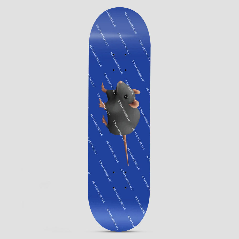 Sci-Fi Fantasy Ryan Lay Rat Board skateboard deck: Royal blue deck with a 3D-rendered grey rat in the centre, overlaid with a repeating diagonal pattern of small white brand text.