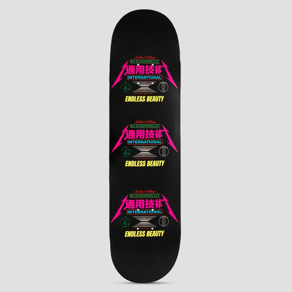 Sci-Fi Fantasy Neoliberal Beauty Board skateboard deck: Black deck with the same label design printed three times down its length: pink metal-style Japanese characters, a blue INTERNATIONAL box, small diagrams and yellow ENDLESS BEAUTY text.