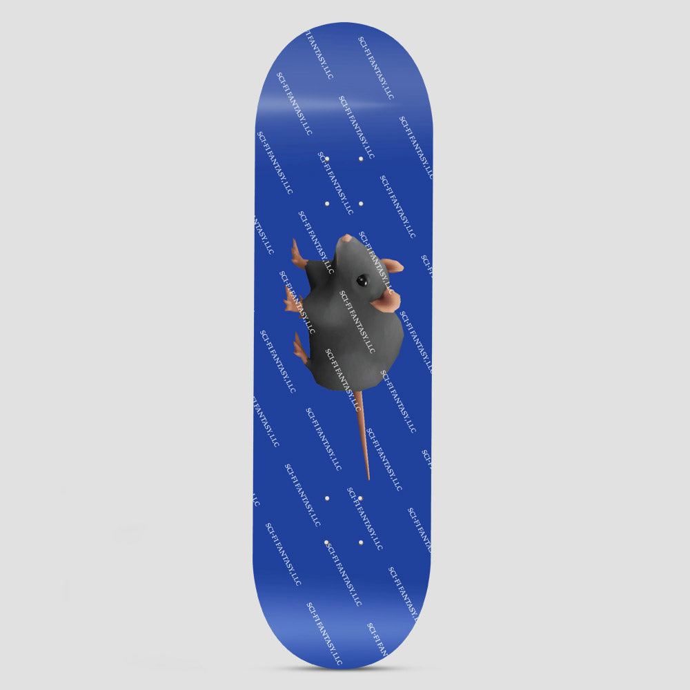Sci-Fi Fantasy Ryan Lay Rat skateboard deck: A grey rat climbs across a royal blue deck, over a repeated diagonal pattern of white text reading SCI-FI FANTASY.LLC.