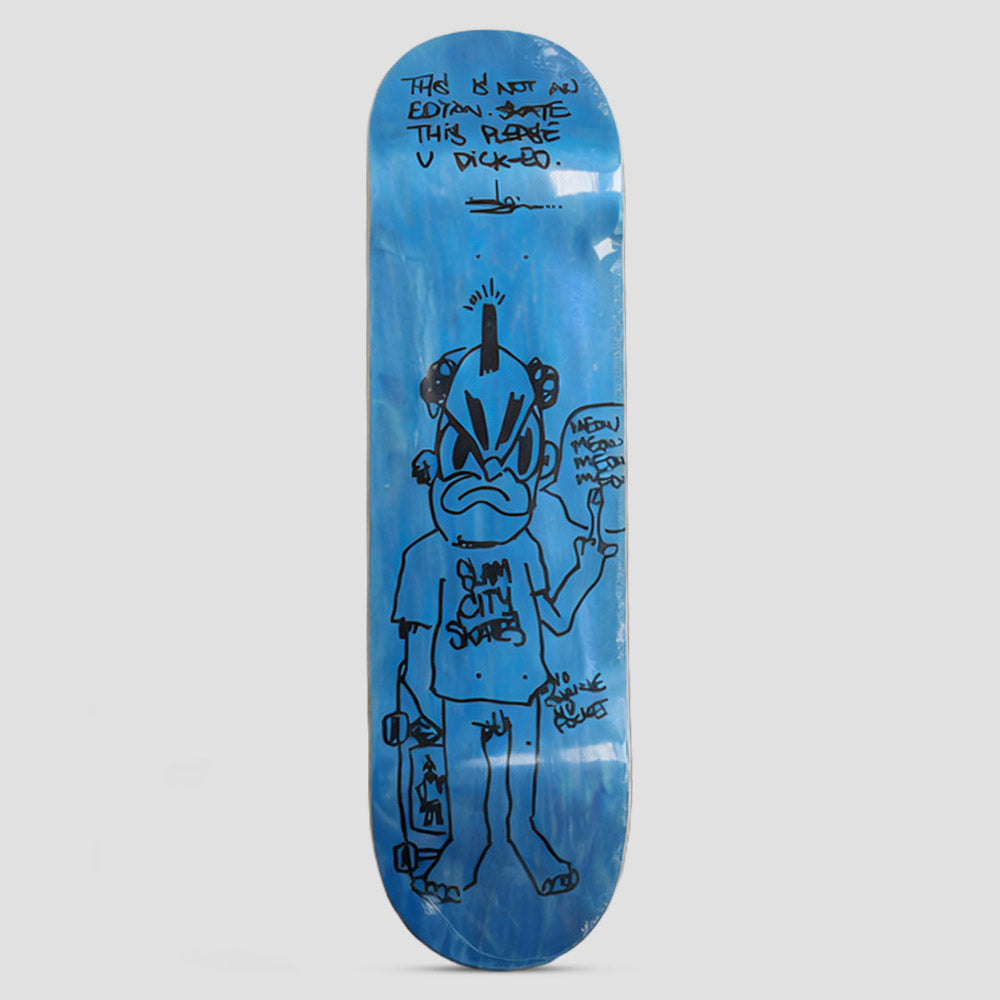 Slam City x Slawn 8.00 No Pockets Assorted Colours skateboard deck: A black marker drawing on a blue-stained deck of a scowling mohawked character in a Slam City Skates T-shirt, one hand raised with a speech bubble and a skateboard in the other. Handwritten lines run across the top.