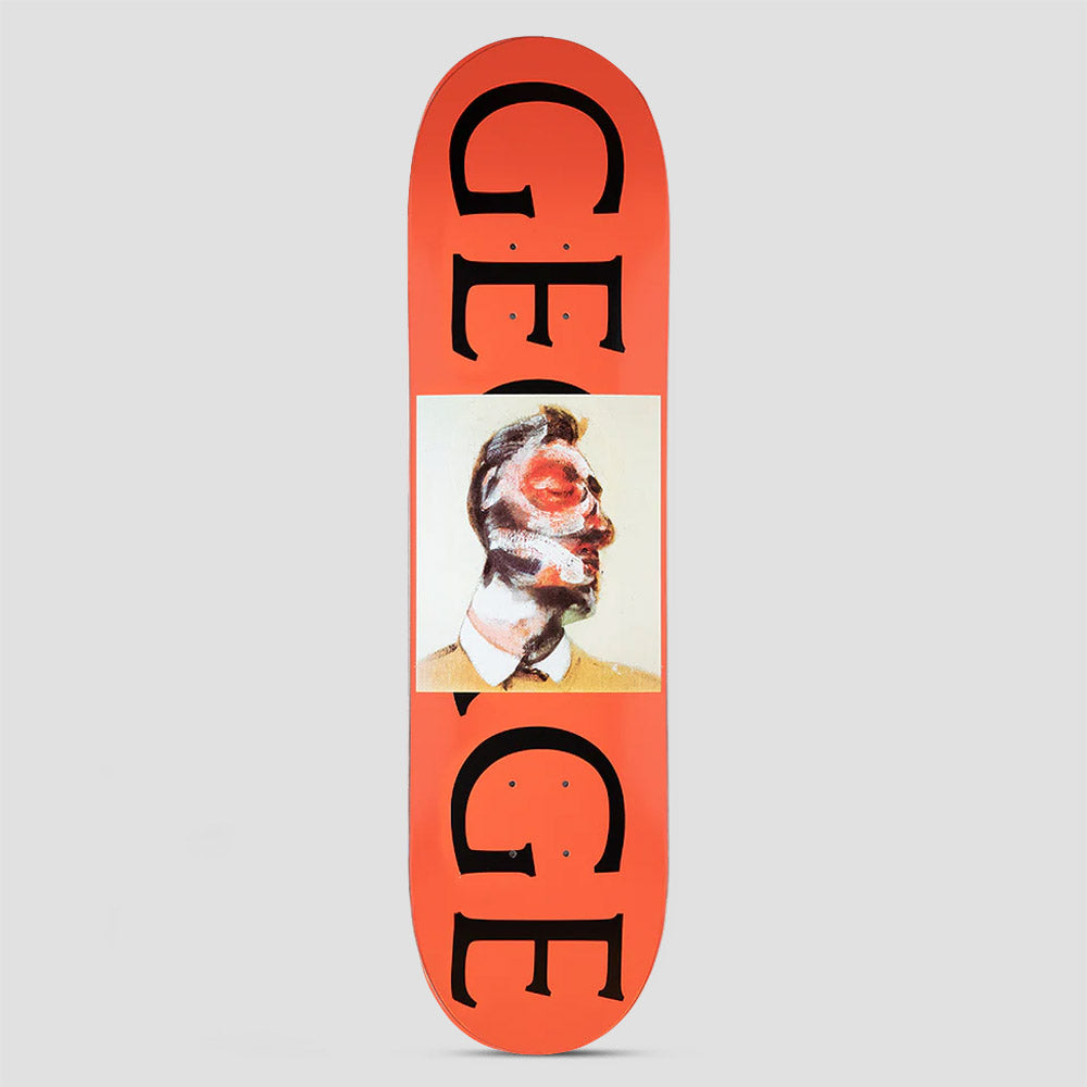 Thames MMXX Thames 8.125 George skateboard deck: Large black serif letters spelling GEORGE split across the top and bottom of a red-orange deck, with a square expressionist painting of a smeared, distorted head in a collared shirt in the centre.