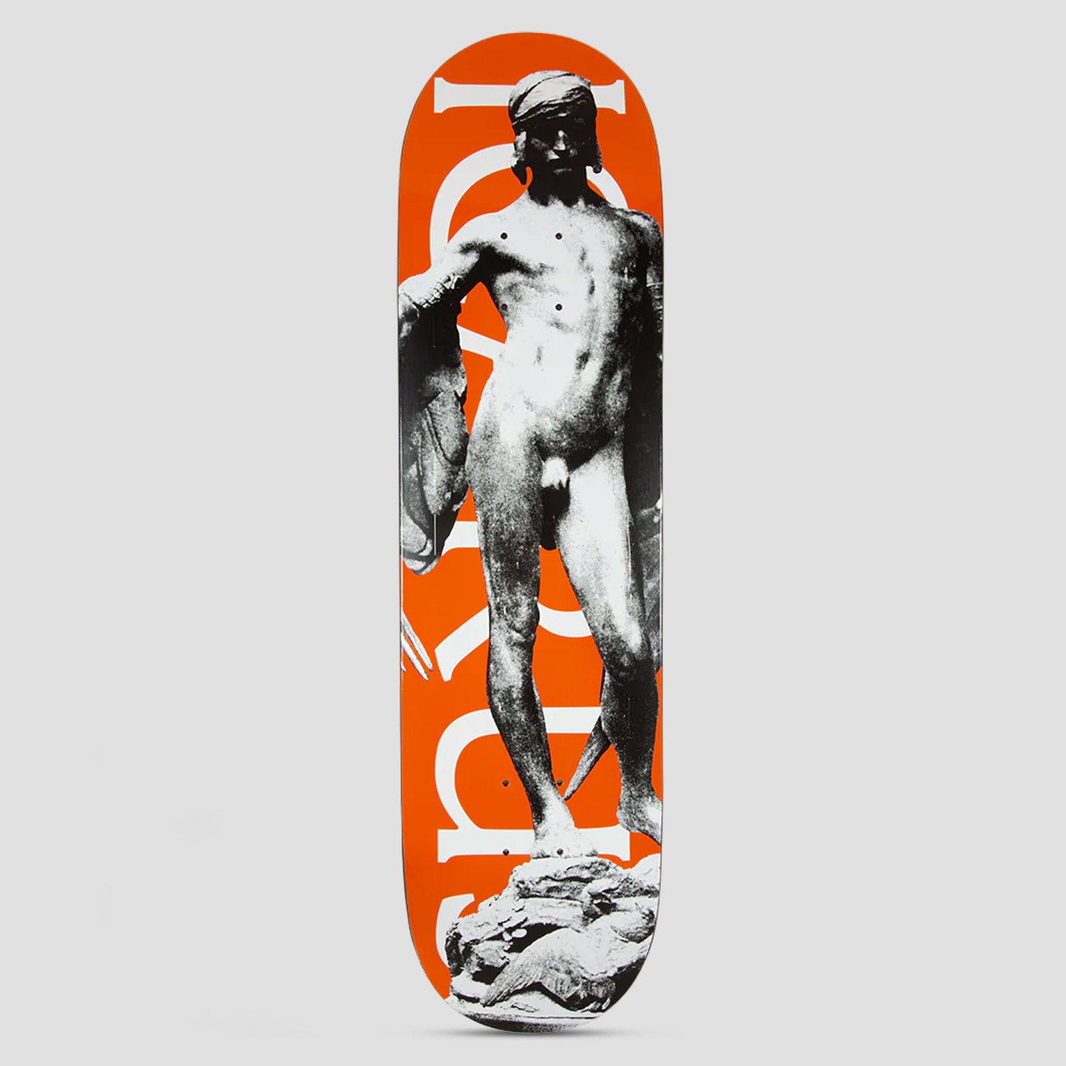 Thames MMXX Thames 8.125 Icarus skateboard deck: Black-and-white photograph of a nude classical statue of a young man with a cloth on his head, standing on a rocky base, over an orange deck with very large cropped white serif lettering running up the board.