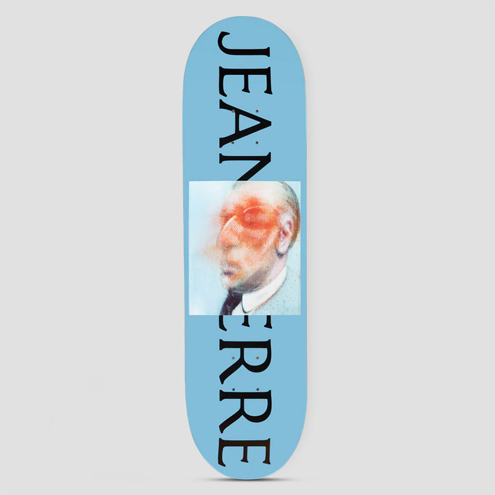 Thames MMXX Thames 8.5 Jean-Pierre skateboard deck: Light blue deck with large black serif letters running down the deck, partly covered by a square blurred painted portrait of a man in a suit with orange smudged face.