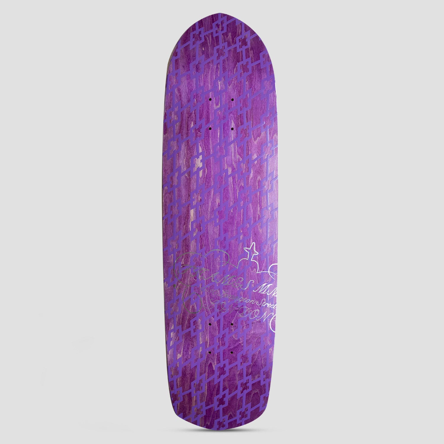 Thames MMXX Thames 8.75 Conq skateboard deck: Shaped deck with a purple stained top and a repeating interlocking pattern in darker purple. Silver foil script lettering near the tail, partly illegible.