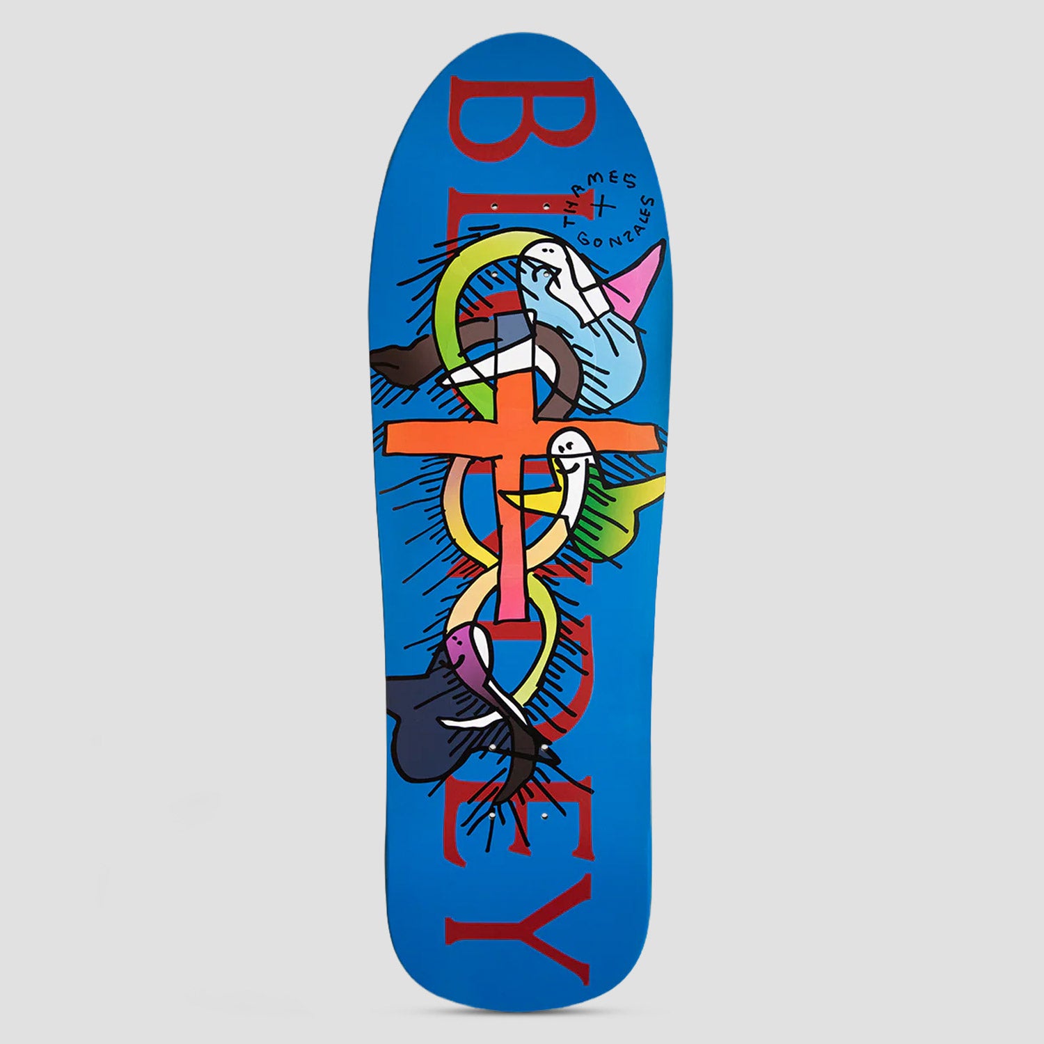 Thames MMXX Thames 9.78 Blondey Pro skateboard deck: Colourful cartoon of a cross entwined with snakes and white ghost-like figures in pink and blue hats, under large red letters spelling BLONDEY running down a blue shaped deck.