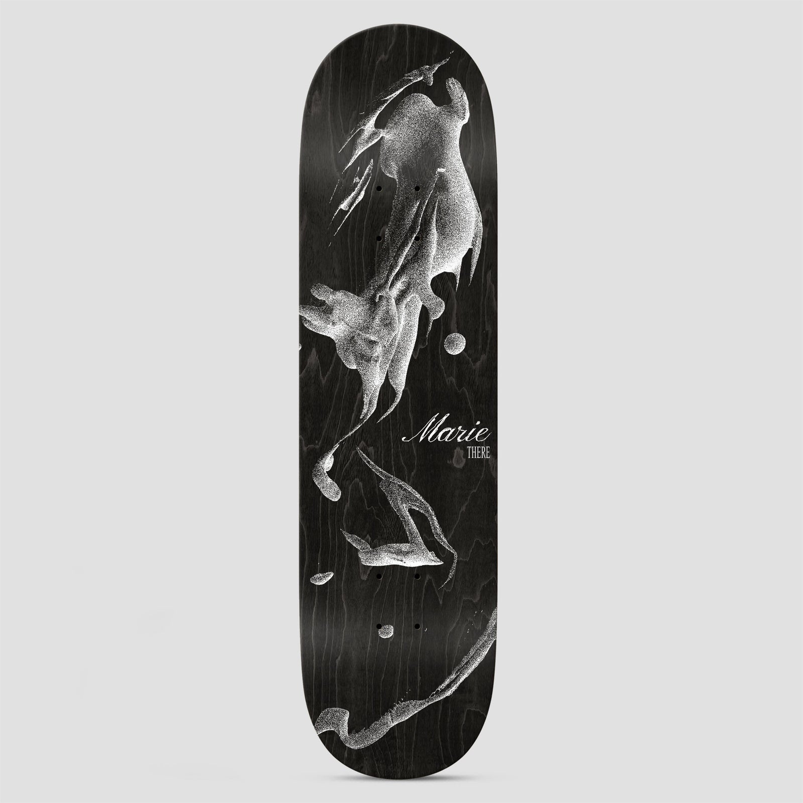 There Marie Delivery skateboard deck: Stippled white drawing of swirling ghostly forms or figures, like smoke or fabric, scattered on a black deck. 'Marie' in white script with a small brand mark beside it.