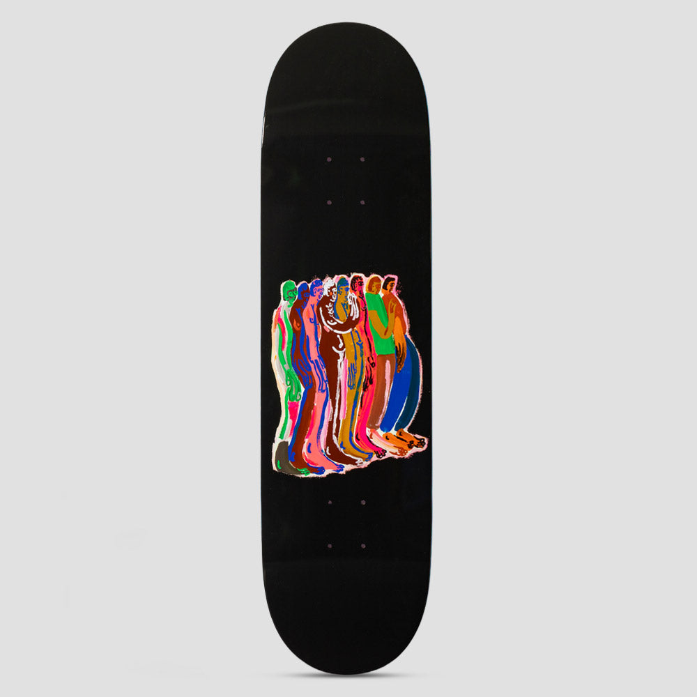 There Team Free In The Night Black skateboard deck: Group of tall, outlined figures standing in a line in loose, scribbly drawn style, each filled with different bright colours, on a black deck.