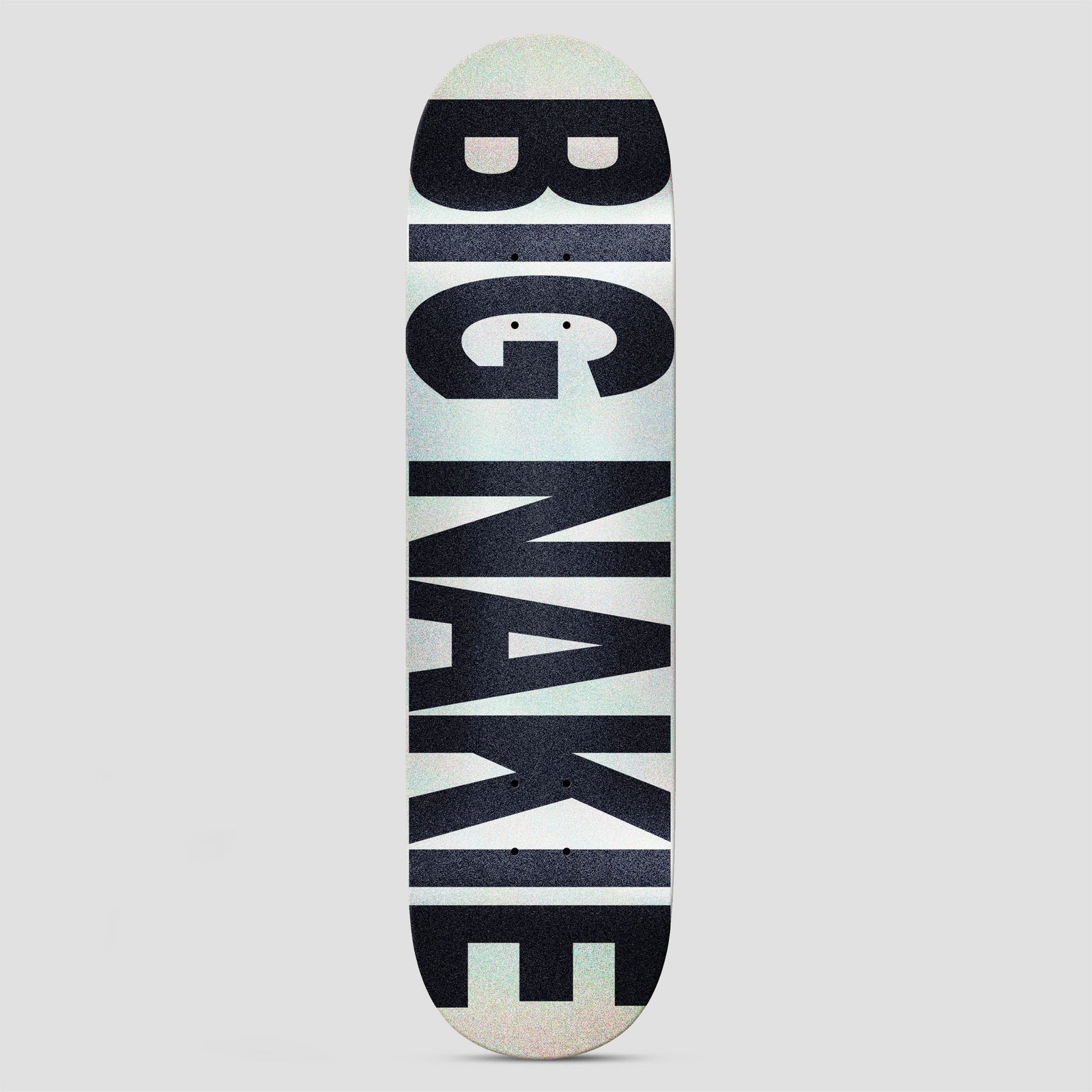 There Chandler Big Nakie White skateboard deck: Huge black condensed capital letters spelling BIG NAKIE run the full length of a pearly white iridescent deck, with the letters cropped at the edges.