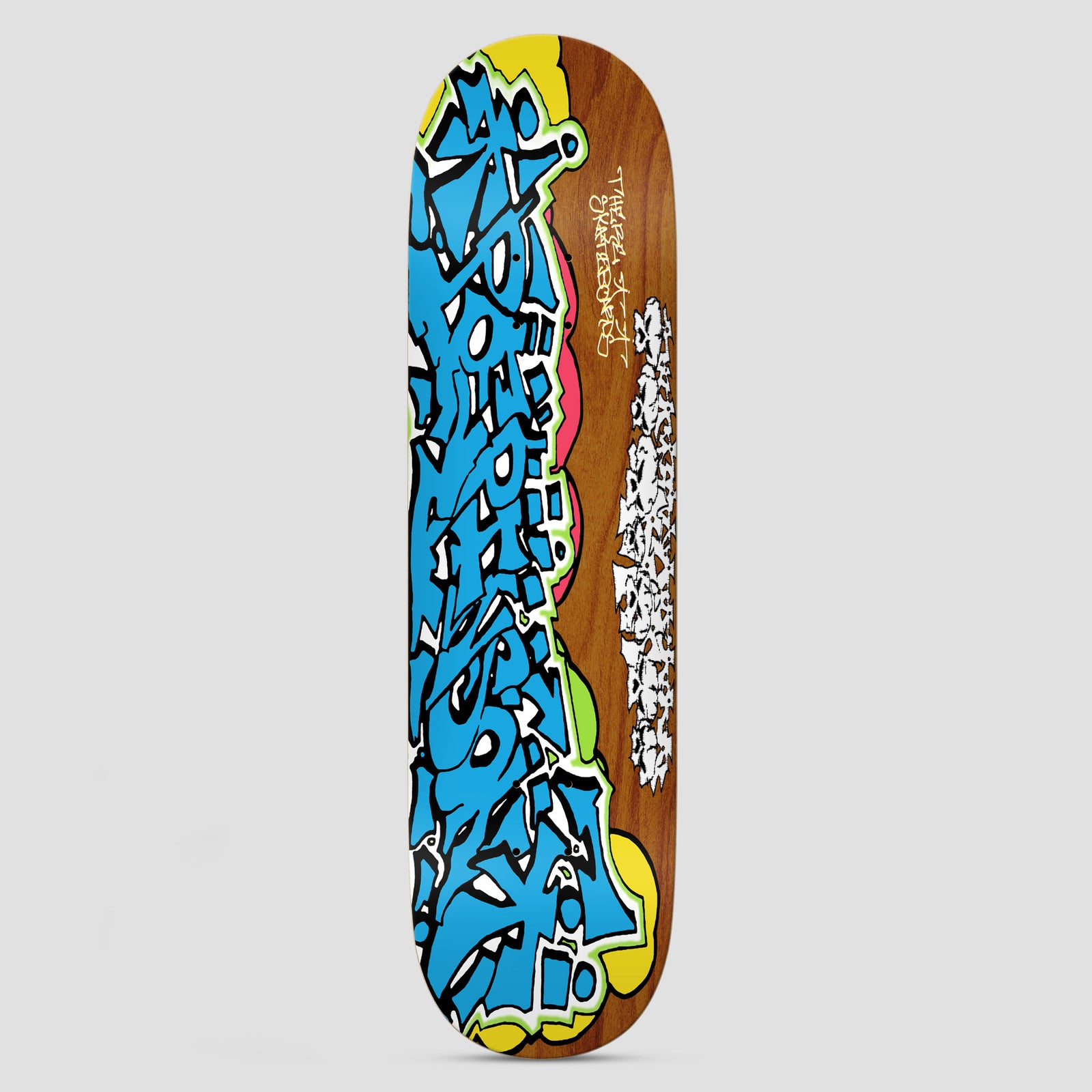 There Poe Pinson Master Poe Multi skateboard deck: Large blue graffiti-style wildstyle lettering with black outlines and green, pink and yellow bubble shapes behind, set on a woodgrain-stained deck. A smaller white abstract tag sits to the right, with handwritten credit text above.