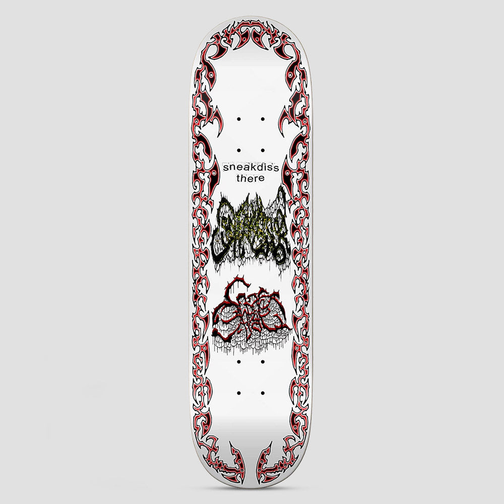 There Team Sneakdiss Battle Ship White skateboard deck: White deck framed by a red tribal-style spiky border, with two metal-style dripping logos in the middle (olive and red) and the words sneakdiss there above them.