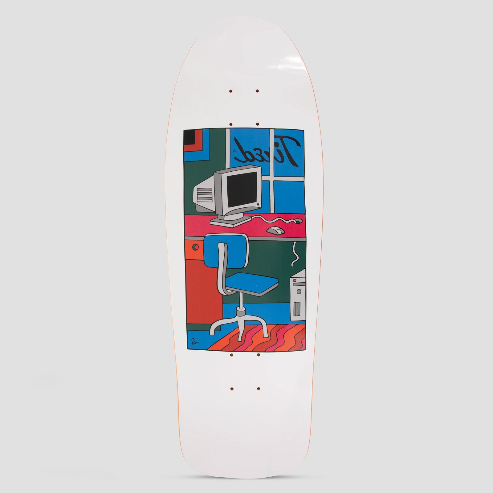 Tired Tired 9.9 Workstation Shaped skateboard deck: A flat illustrated office scene in a framed panel on a white old-school shaped deck: a beige CRT computer, mouse, blue swivel chair, tower unit and red patterned floor, with a mirrored hand-written Tired logo in the window.