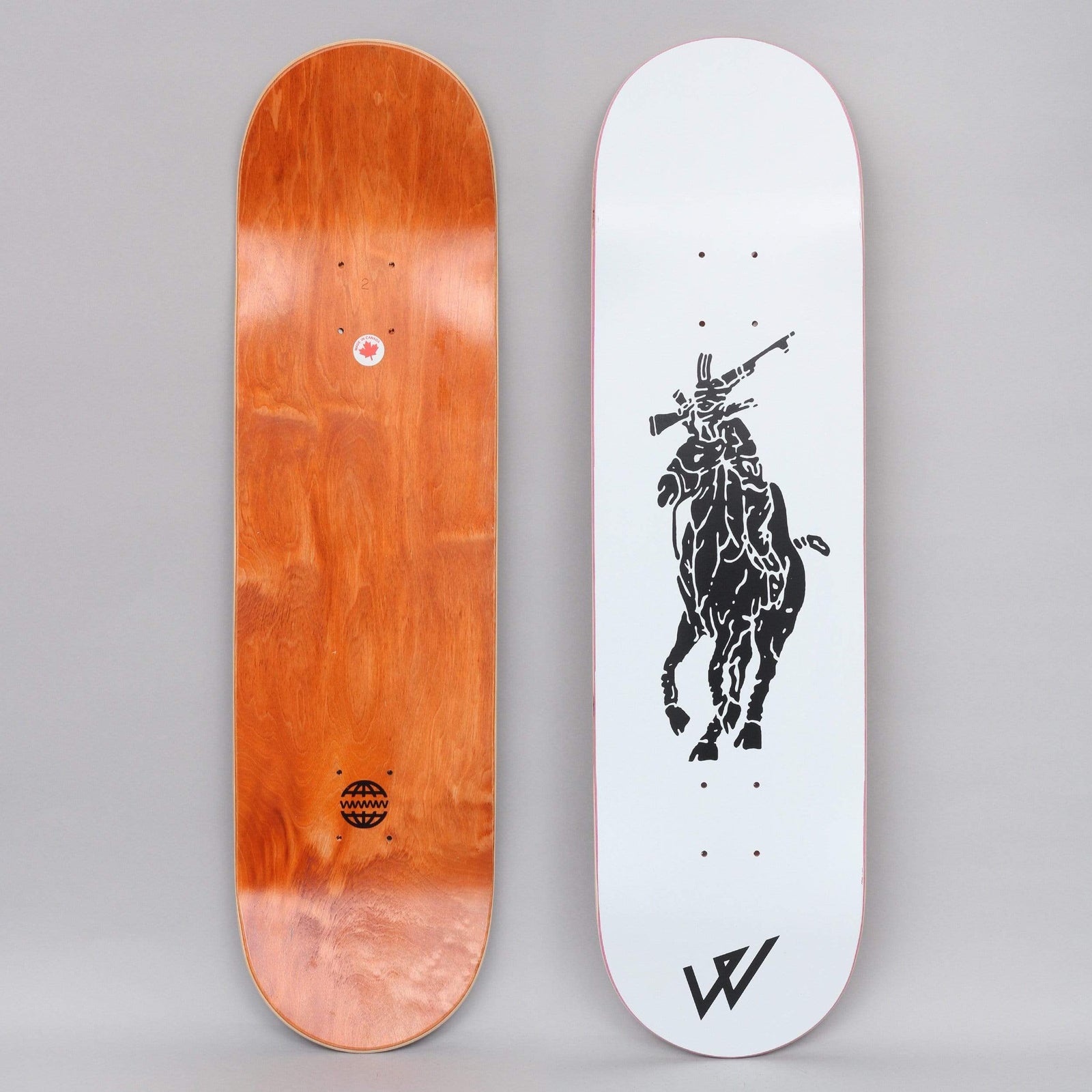 Wayward Wolo White skateboard deck: Both sides shown. A black ink-style horse and rider in a polo-logo pose, the rider carrying a rifle over the shoulder, on a white deck with a small black W mark at the tail. The underside is orange-stained with a globe logo.