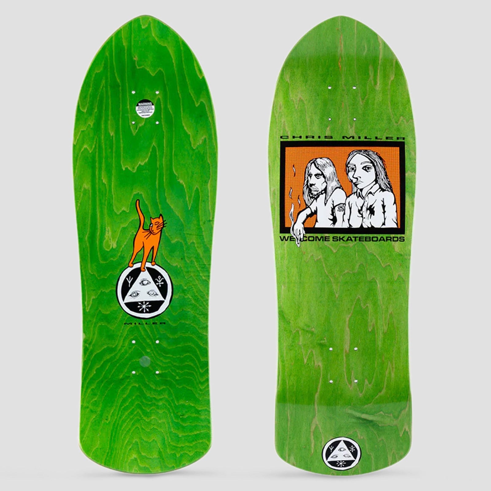 Welcome Miller Couple on Crossbone skateboard deck: Two long-haired figures, one with a cigarette, in an orange framed panel on a green-stained old-school shape. The underside shows an orange cat standing on a Welcome triangle-eye logo.