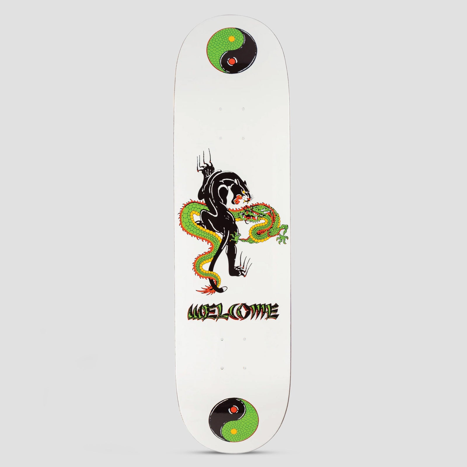 Welcome Opps Popsicle White skateboard deck: A black panther clawing down a coiled green and yellow dragon, drawn in tattoo style on a white deck. Welcome lettering in a warped font sits beneath, with a green yin-yang circle at each end.