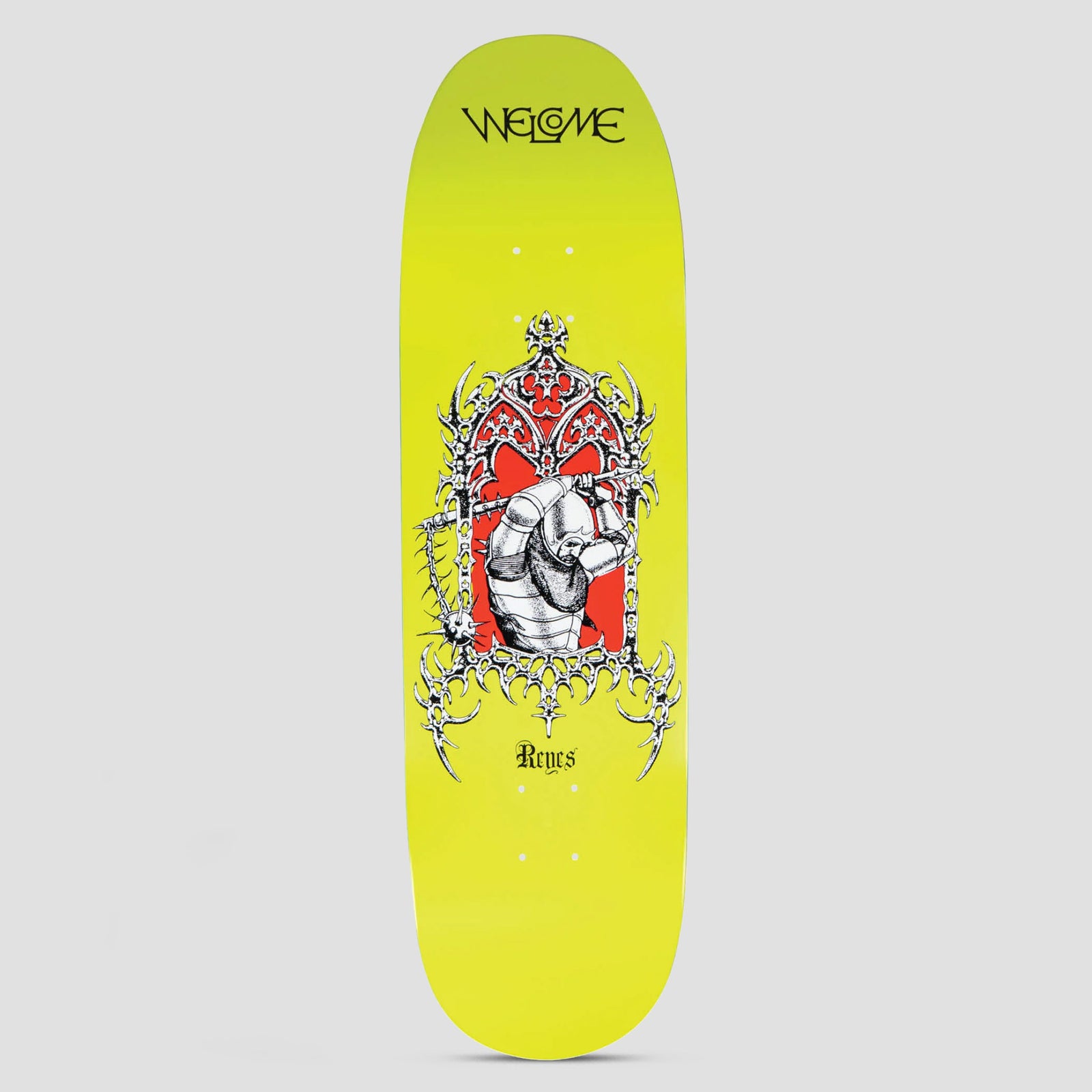 Welcome Flail Ryan Reyes Highlighter Lime / Red skateboard deck: An armoured figure swinging a spiked flail inside a red gothic window with ornate thorny silver tracery, on a lime deck. Welcome in decorative lettering above and Reyes below.