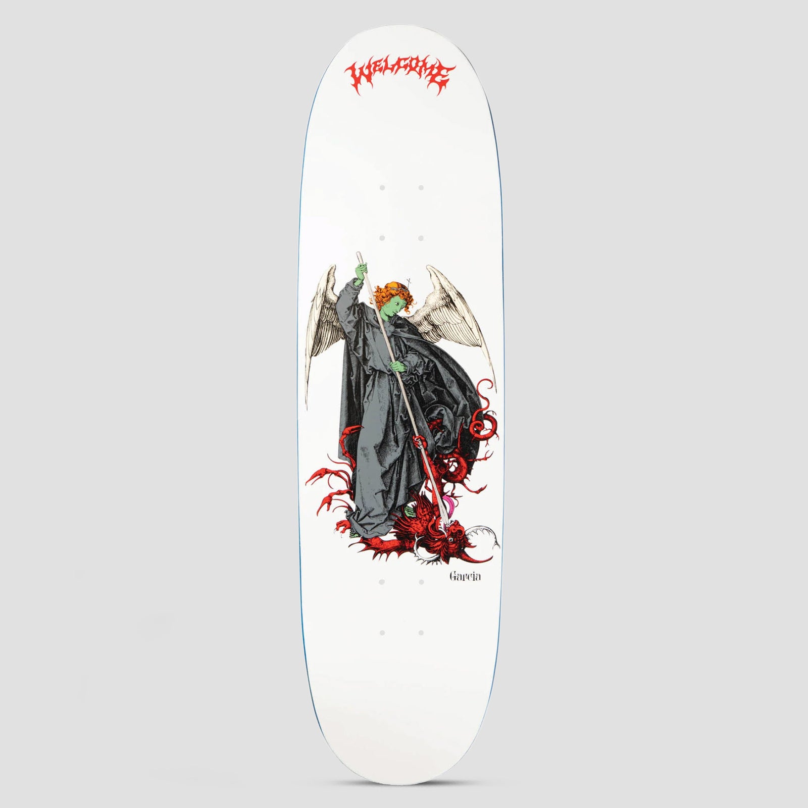 Welcome Spear Nick Garcia White / Red skateboard deck: A winged angel in a grey cloak with a green face and orange hair spears a red dragon at its feet, in an old engraving style, on a white deck. A red gothic Welcome logo is at the nose.