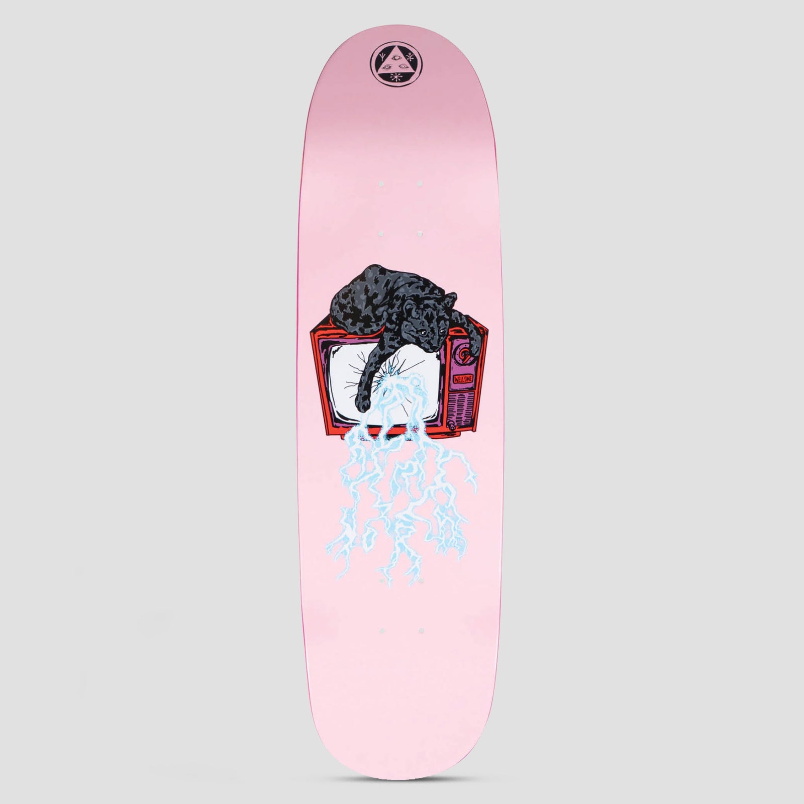 Welcome Static Nora Pink skateboard deck: A black panther lying on top of a red old television with a cracked screen, with pale blue lightning bolts streaking down from the screen, on a pink deck. A black Welcome sigil sits at the nose.