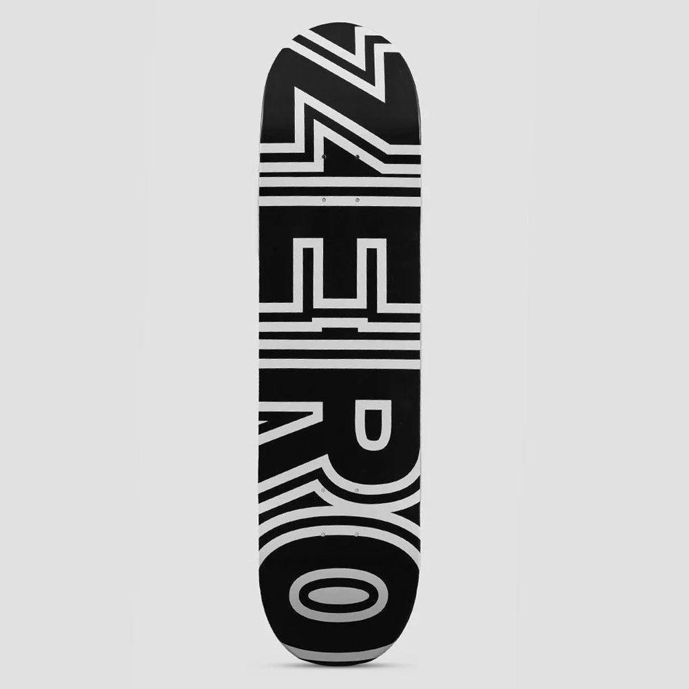 Zero Bold Black / White skateboard deck: Large white outlined 'Zero' lettering in a bold multi-line block style running vertically down the full length of a black deck.