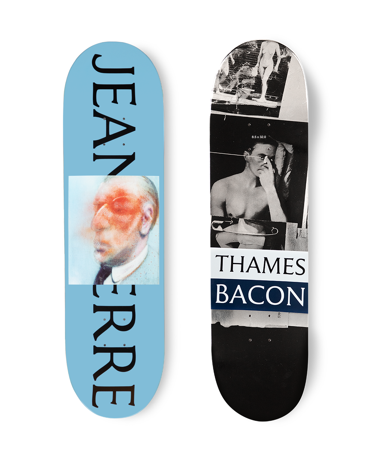 Thames MMXX Jean - Pierre skateboard deck: Black and white collage of a bare-chested man with a hand raised to his face, a nude figure above and a safety pin below, with a white and navy 'Thames Bacon' label. The other side shows a blurred orange portrait on pale blue.