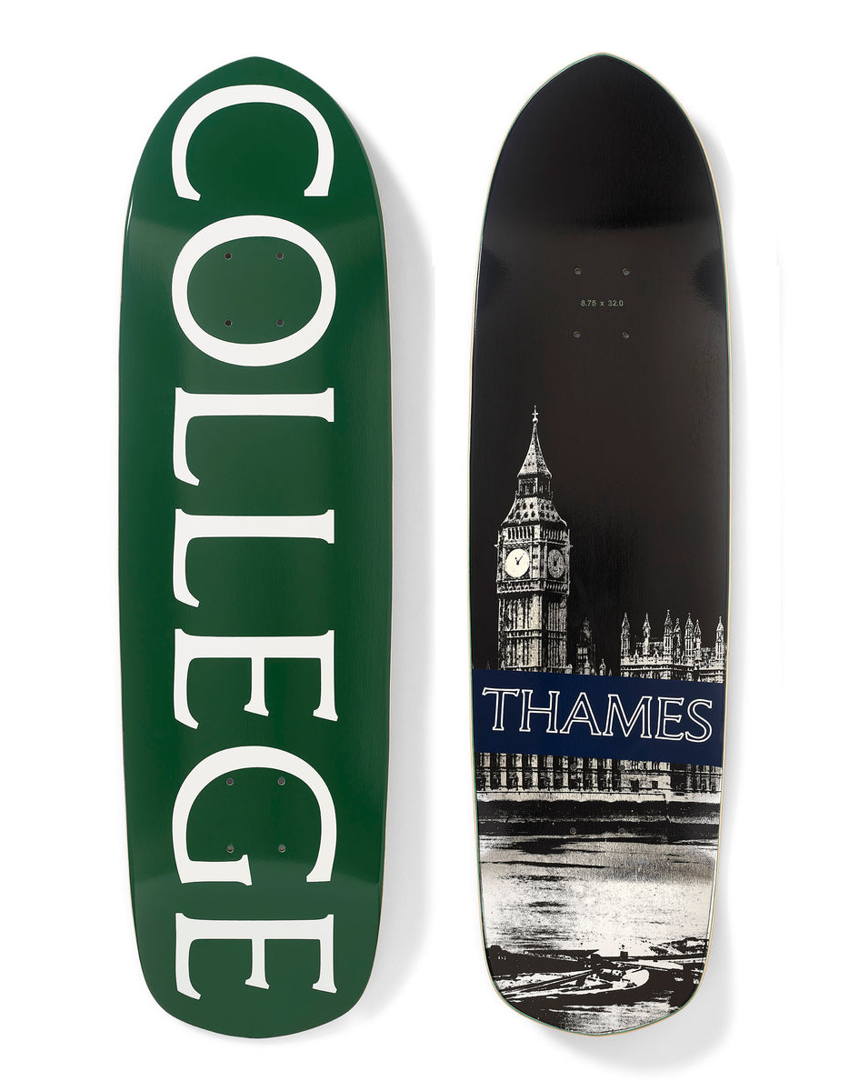 Thames MMXX College Board skateboard deck: Shaped cruiser-style deck with COLLEGE in huge white serif capitals on a dark green top. The other deck shows a black and white photo of Big Ben and the Houses of Parliament across the river, with THAMES on a navy band.