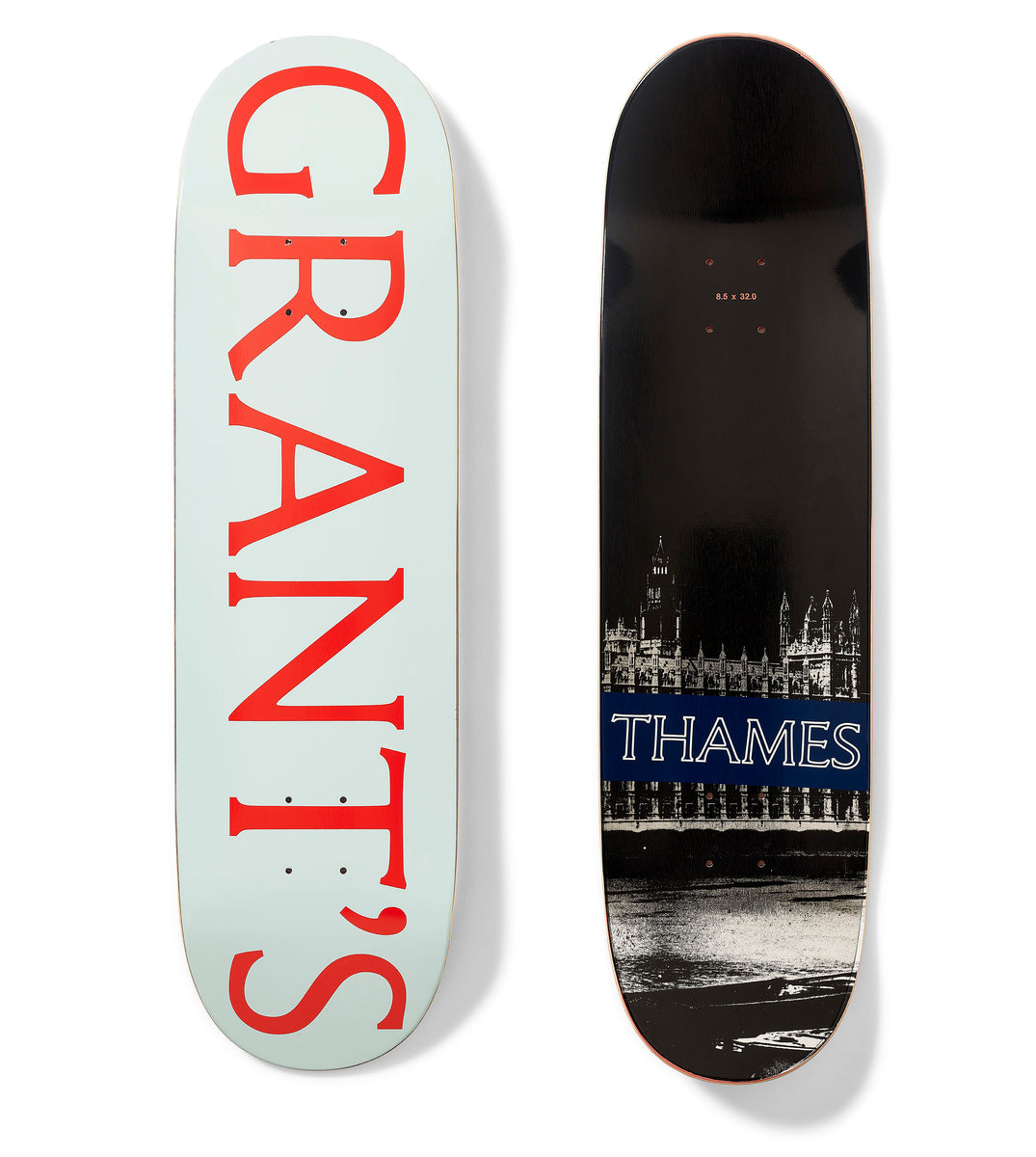 Thames MMXX Grants Board skateboard deck: Huge red serif GRANT'S lettering running down a pale mint deck.