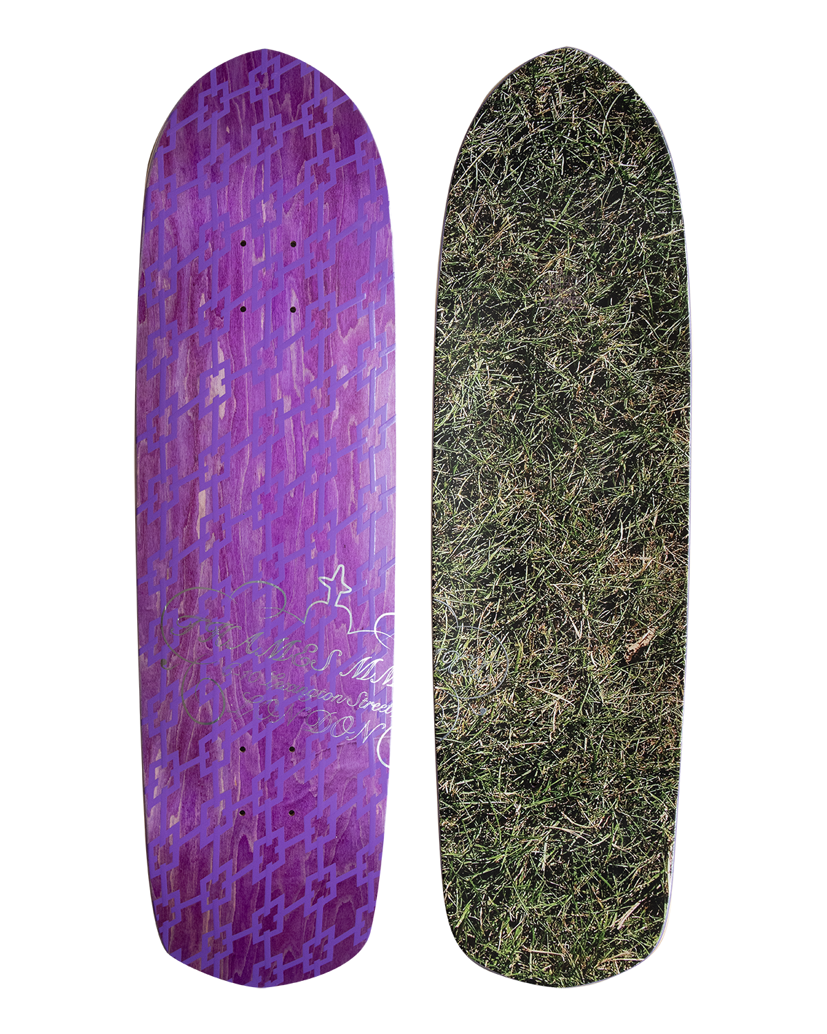 Thames MMXX Conq skateboard deck: Purple stained old-school shaped deck printed with a repeating cross-shaped geometric lattice in silver, plus fine silver script lettering and a small cross near the tail. The reverse shows a photograph of dry grass.