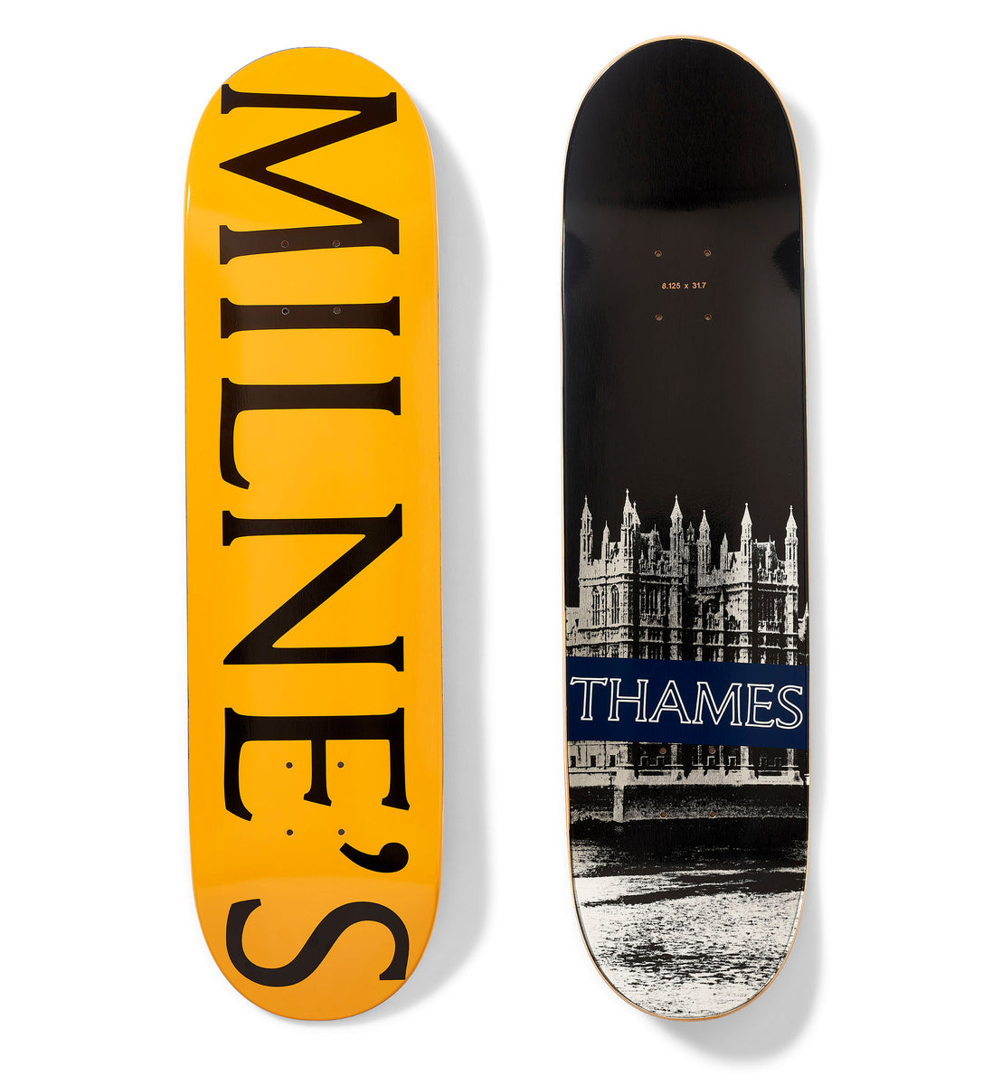 Thames MMXX Milnes Board skateboard deck: Two views: an orange deck with MILNE'S in huge black serif capitals running its length, and a black deck with a black and white photo of the Houses of Parliament by the river, a blue THAMES banner across it.