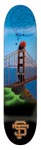 Think Golden Skate Bridge skateboard deck: Airbrushed-style painting of the Golden Gate Bridge's red-orange tower against blue sky and water, with green headland in the foreground and a stylised 'SF' monogram at the tail. Image is small and low-resolution.