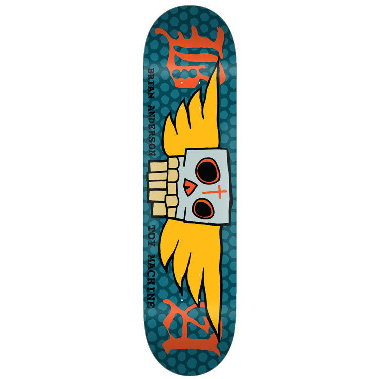 Toy Machine Brian Anderson Bad Ass 8.50 skateboard deck: Cartoon winged skull with yellow flames for wings and a pale blue face with a cross on one eye, on a teal honeycomb pattern. Orange blackletter initials at each end and rider name running up the board.
