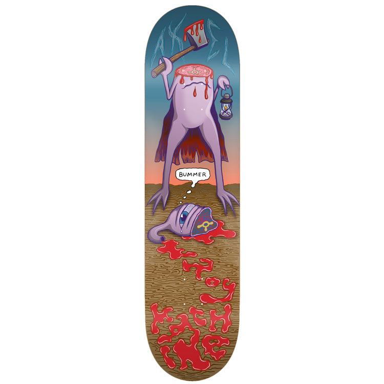Toy Machine Axel Cruysberghs Bummer 8.38 skateboard deck: A headless purple creature holding a bloodied axe and a lantern, looking down at its severed one-eyed head lying in a pool of blood, with a speech bubble saying Bummer, against a dusk sky and wood-grain ground.