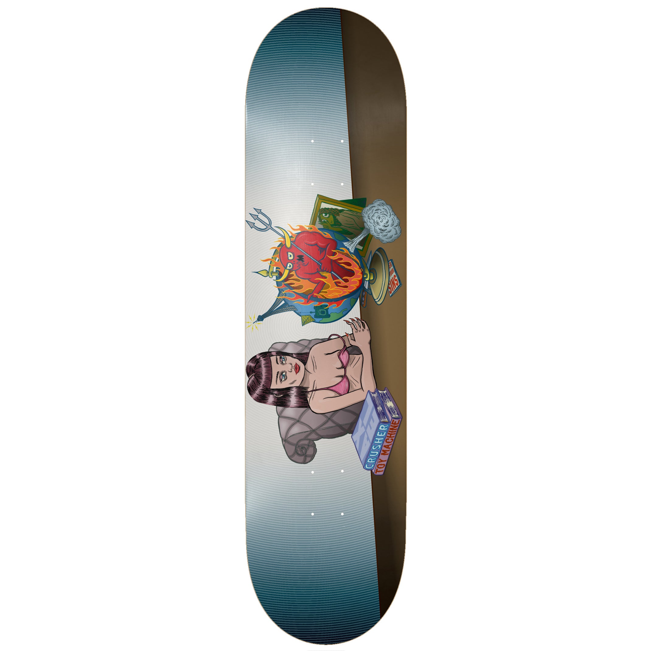 Toy Machine Axel Cruysberghs Globe 8.38 skateboard deck: Illustrated woman in a pink bikini and long dark hair sits beside a flaming red devil heart on a globe, with a trident, framed picture and small vase, on a grey-blue and brown deck.