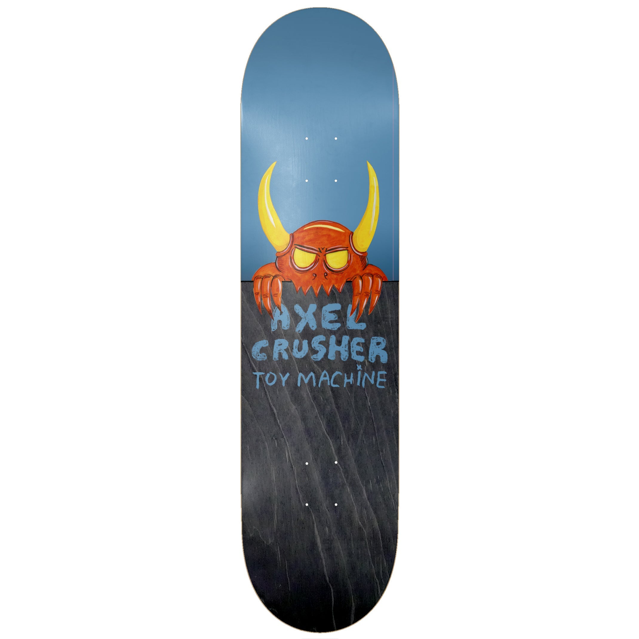 Toy Machine Axel Cruysberghs Fence 8.25 skateboard deck: Orange horned monster with yellow glasses-like eyes and claws peering over a fence, split between a blue upper half and a black wood-grain lower half. Hand-lettered 'Axel Crusher' and Toy Machine in blue.