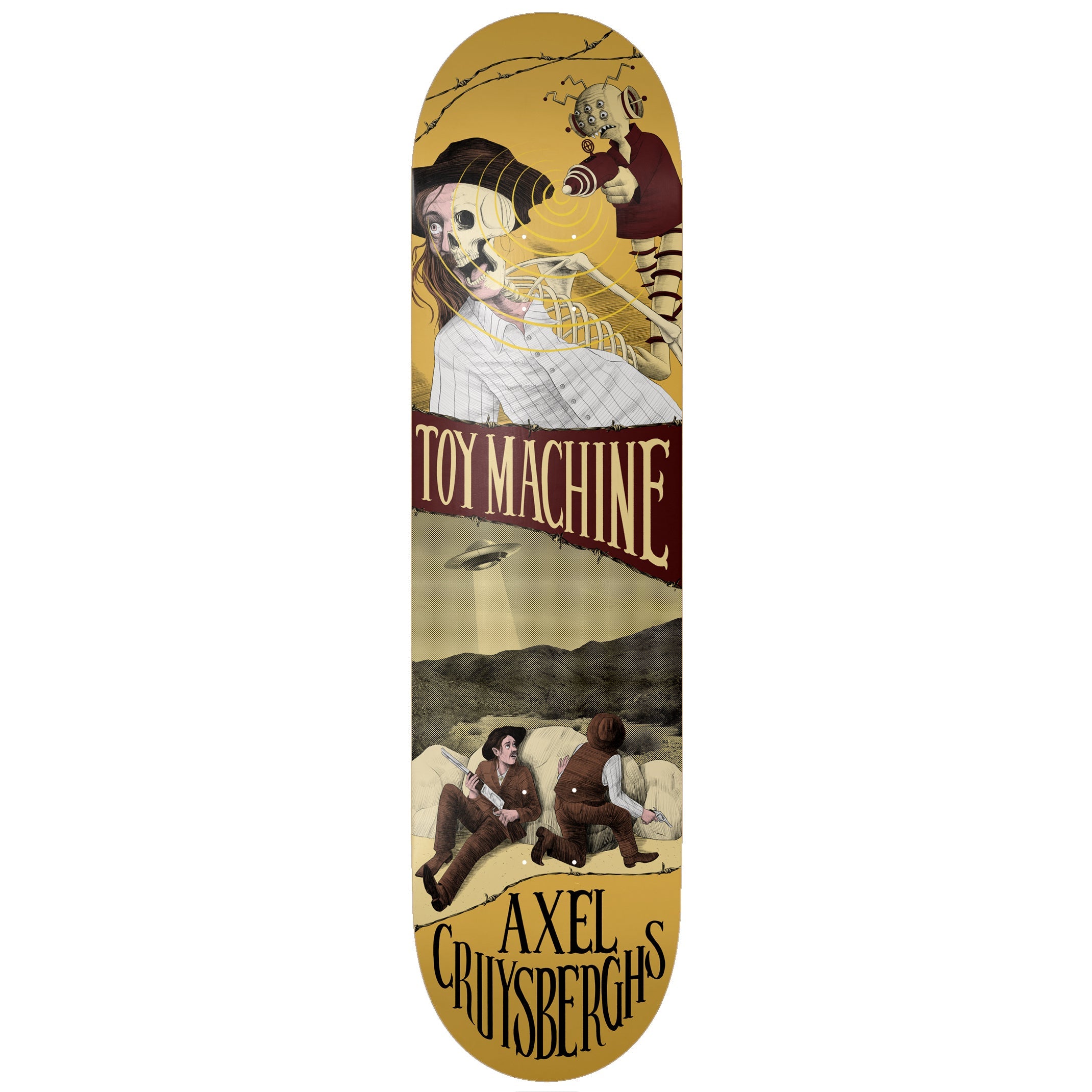 Toy Machine Axel Cruysberghs Horror Show 8.50 skateboard deck: Western-themed collage in sepia tones: a skeleton in a cowboy hat and shirt above a toy-like doll creature, a maroon banner with the brand name, then two gunslingers hiding behind sacks as a UFO hovers over desert hills.