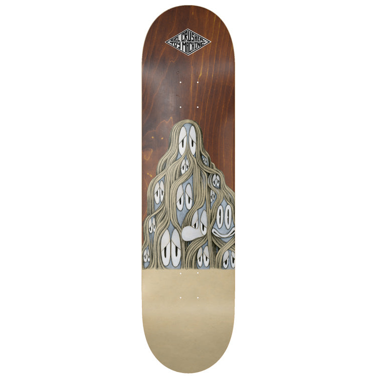 Toy Machine Axel Cruysberghs / Ladouceur 8.13 skateboard deck: Mound of long hair-like strands covering a crowd of sad, wide-eyed grey faces, painted on a dark stained wood top with a natural bare-wood tail. Diamond-shaped logo at the nose.