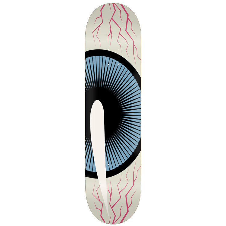 Toy Machine Big Eyeball 8.13 skateboard deck: Oversized bloodshot eyeball filling the deck, with a pale cream white, red veins, a blue radiating iris and a black outline, and a large cream slit pupil on the left.