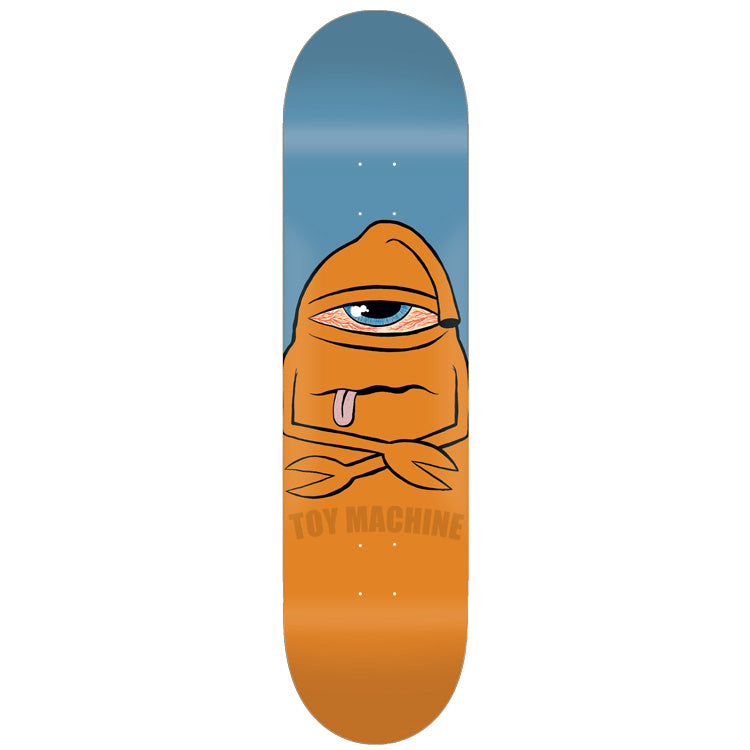 Toy Machine Bored Sect 8.25 skateboard deck: Orange one-eyed Sect monster with a bloodshot blue eye and tongue hanging out, arms crossed, in front of a blue backdrop. Toy Machine name in tone-on-tone lettering at the base.