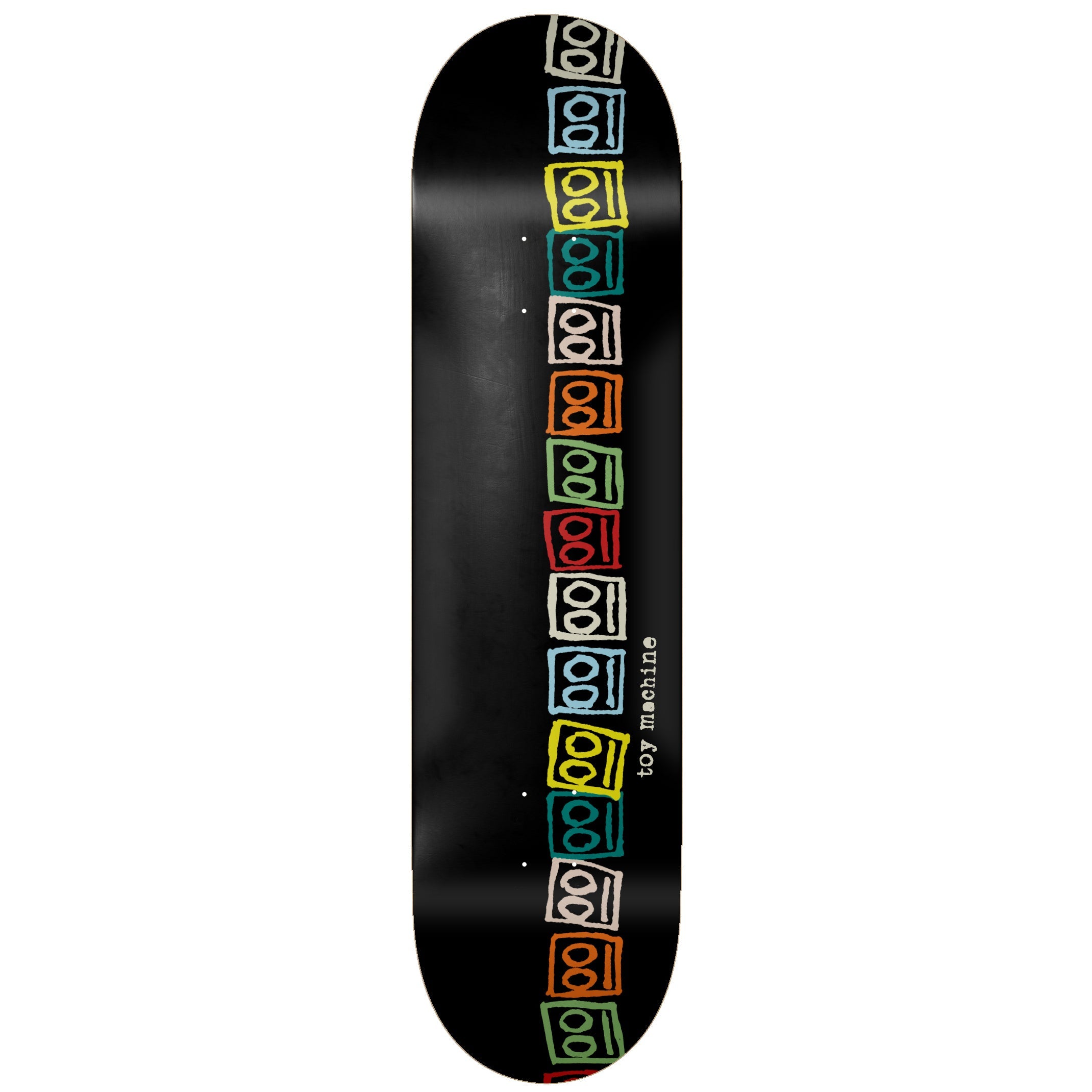 Toy Machine Bots 8.50 skateboard deck: Vertical column of hand-drawn robot-face squares in cream, light blue, yellow, teal, orange, green and red outlines, stacked down the left of a plain black deck. 'toy machine' in small white lowercase text beside them.