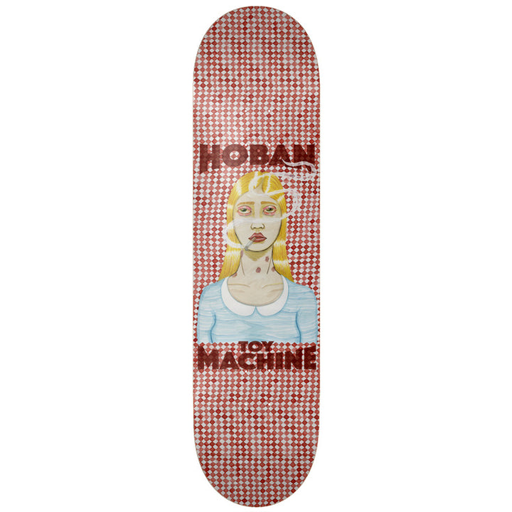 Toy Machine Braden Hoban Girl 8.38 skateboard deck: A painted portrait of a blonde girl in a pale blue peter-pan-collar top, smoking a cigarette with bloodshot eyes and marked neck, over a red and white checkered background with large Hoban and Toy Machine lettering.