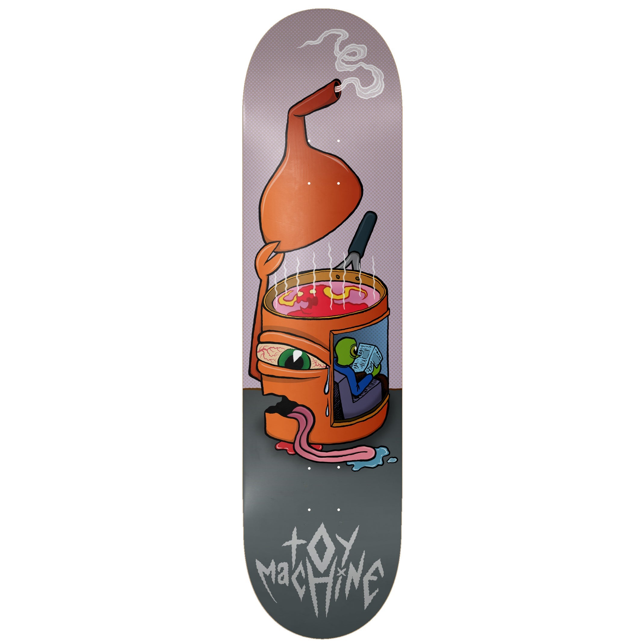 Toy Machine Brain Sizzle 8.38 skateboard deck: Cartoon orange tin can with an eye and a bent chimney-like lid steaming over a bubbling red stew, with a small green creature reading a newspaper inside a window. Pink liquid pours from its mouth on a grey and mauve deck.