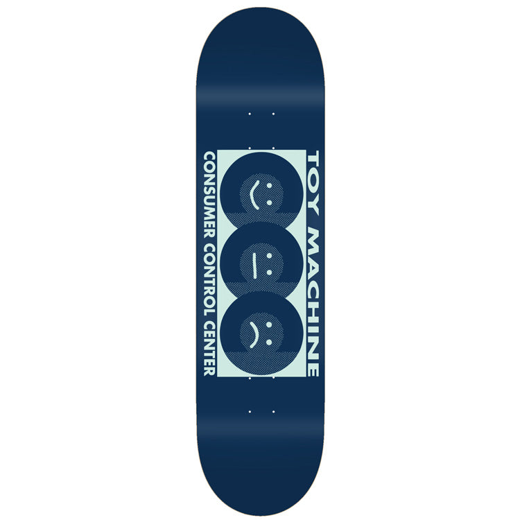 Toy Machine Ccc Blue 7.50 skateboard deck: Navy deck with a pale mint rectangle holding three stacked dark smiley faces, one smiling, one flat, one frowning, in halftone shading. Vertical logo text runs along both sides of the panel.
