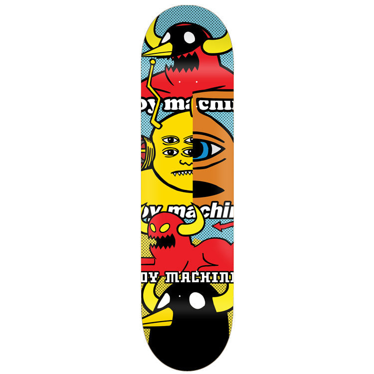 Toy Machine Chopped Up II 8.13 skateboard deck: Comic-style collage of cut-up Toy Machine characters, including a black horned bird head, a yellow multi-eyed face joined to a half-orange eyeball, and a red horned devil, on a halftone blue background. Toy Machine lettering repeats three times.