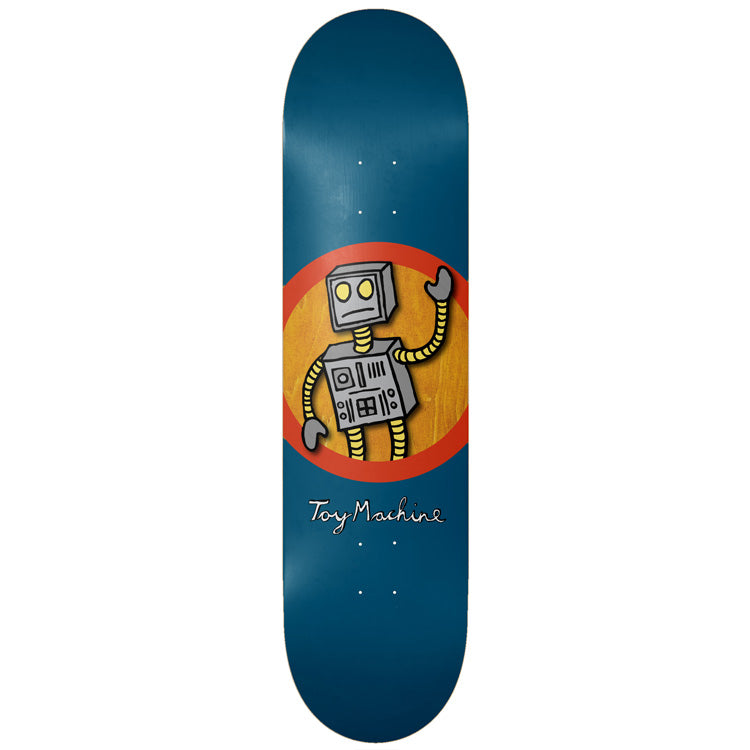 Toy Machine Circle Robot 8.38 skateboard deck: A grey toy robot with yellow eyes and ribbed yellow limbs waves from inside a red-ringed orange circle on a teal blue deck, with a handwritten Toy Machine signature below.