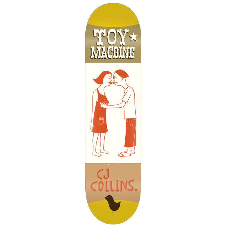 Toy Machine Cj Collins Kilgallen 8.13 skateboard deck: Line illustration of a girl and boy in orange and white touching noses, set on a cream panel between tan bands. Toy Machine logo in ornate lettering at the top, name and a small black bird at the bottom.