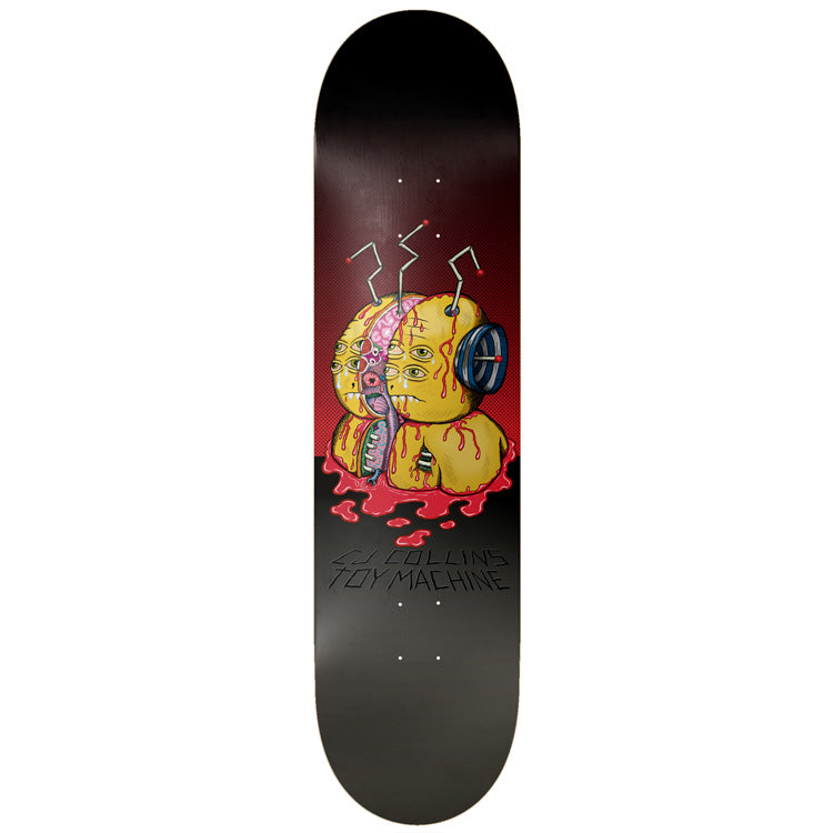 Toy Machine Cj Collins Split 8.50 skateboard deck: Yellow multi-eyed creature with an exposed pink brain and an open toothy mouth, antennae and a dial on its head, bleeding red onto a deck split red-to-black. CJ Collins Toy Machine lettered below.