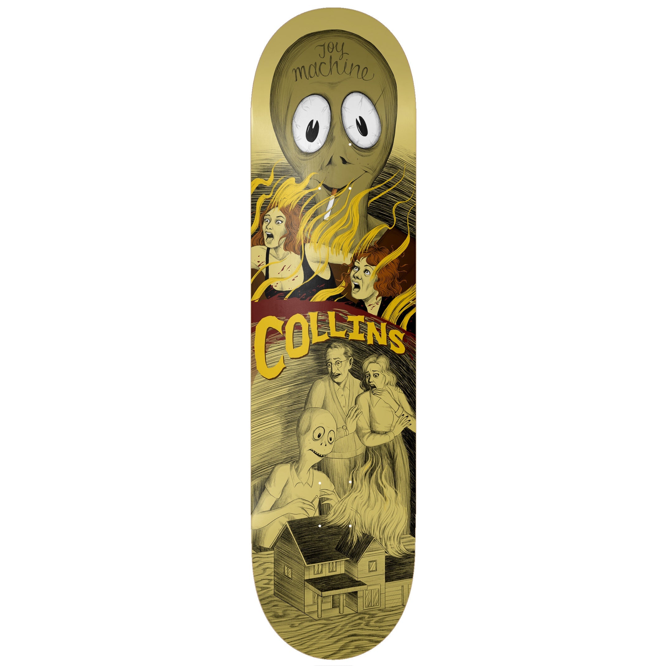 Toy Machine Cj Collins Horror Show 8.13 skateboard deck: A sepia, horror-comic style illustration: a giant bug-eyed Toy Machine monster head smoking a cigarette looms over screaming women in flames, with a terrified couple and a skull-faced figure by a house below.