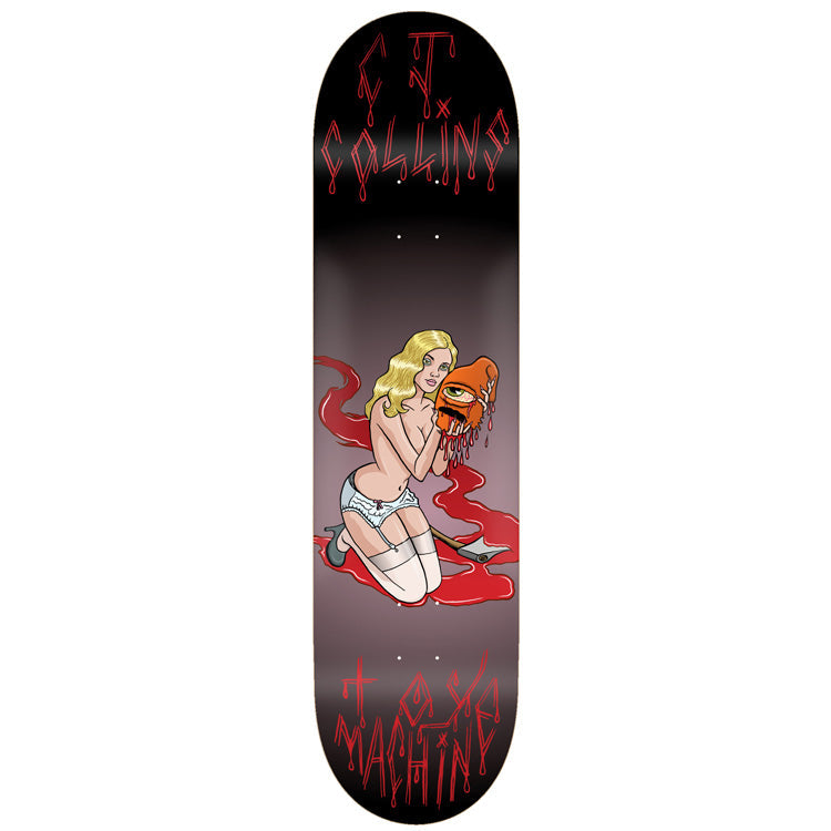 Toy Machine Cj Collins Seductress 8.50 skateboard deck: A blonde woman in lingerie and stockings kneels in a pool of blood, holding a severed orange Toy Machine monster head, with an axe beside her. Dripping red lettering on a black fade deck.
